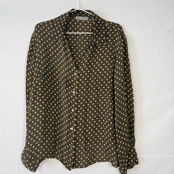 Kate Hill Tops - Kate Hill Polka Dot Silk Button-Up Blouse olive green -Tan